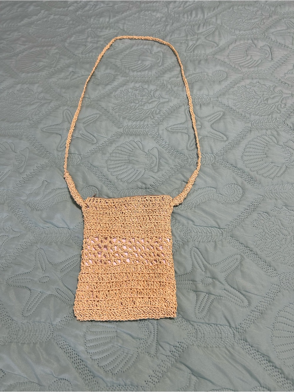 Handmade Tan Crochet Crossbody Bag - Lightweight Accessory, lined with zipper.